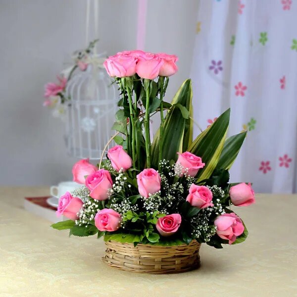 15 Fresh Pink Roses in Basket - TaiAami